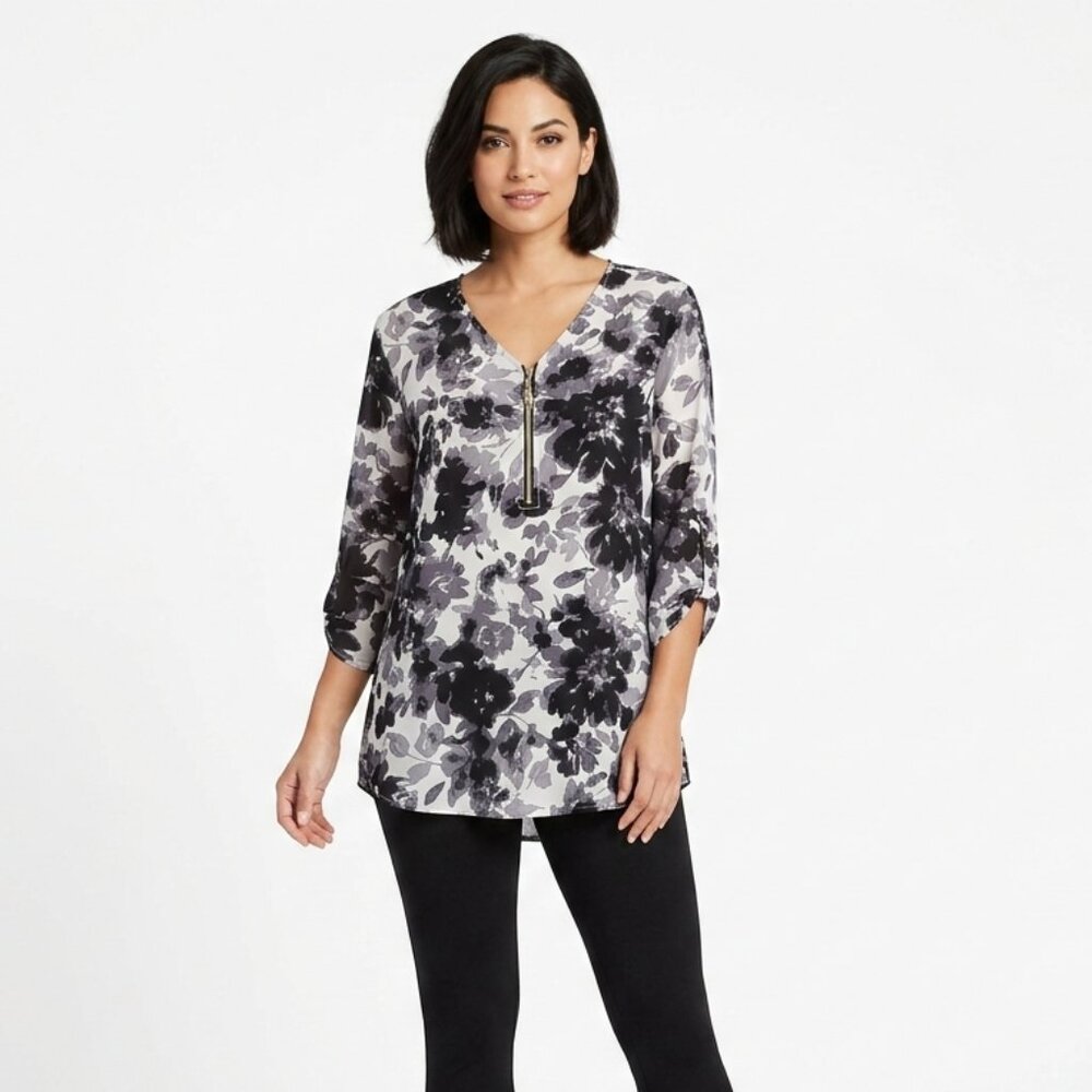 CATHY Women's Tunic Top XL Polyester Spandex Floral Casual Black White